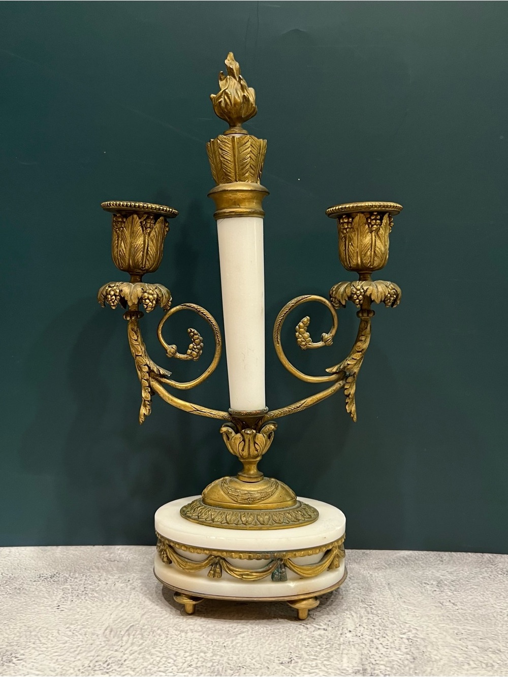 19th Century French Louis XVI Style Two Branch Candelabrum Gilt Bronze Marble